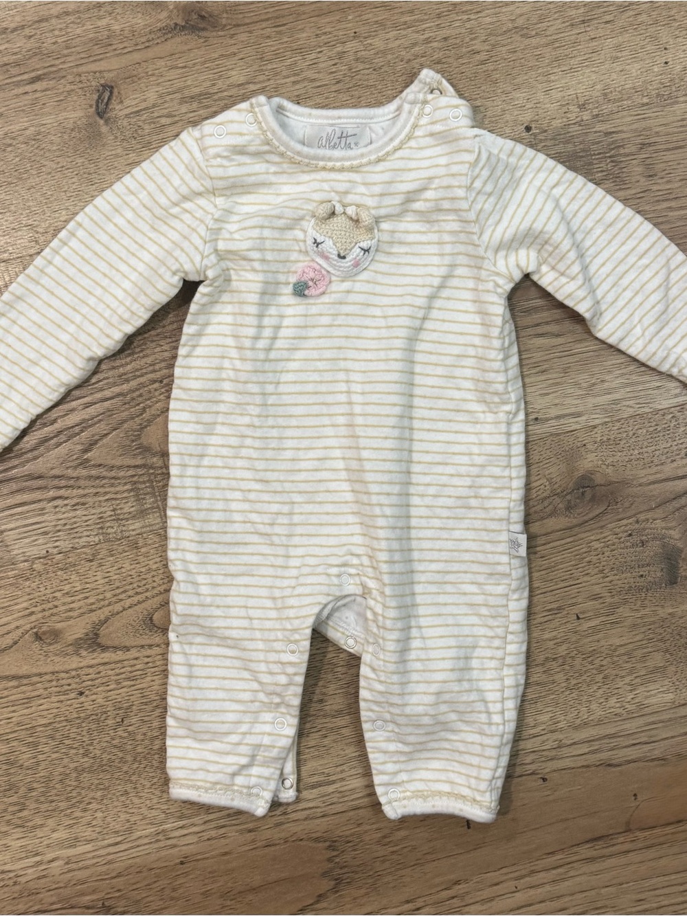 Unbranded Cream & Yellow Striped Baby One-Piece with Embroidered Fox